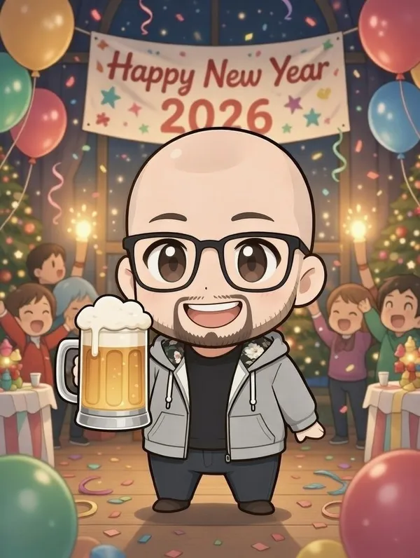A cartoon of @pursuitofloot at a New Years 2026 party